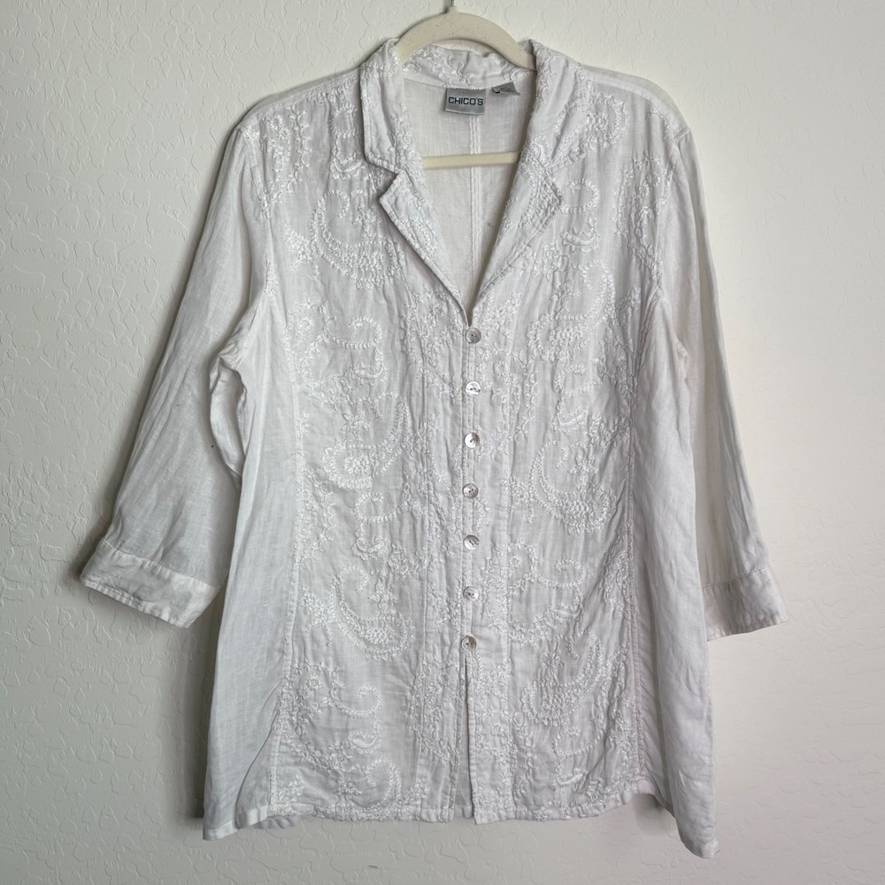 Chicos White 100% Linen Embroidered‎ Paisley Button Down Shirt Sz Large Coastal
